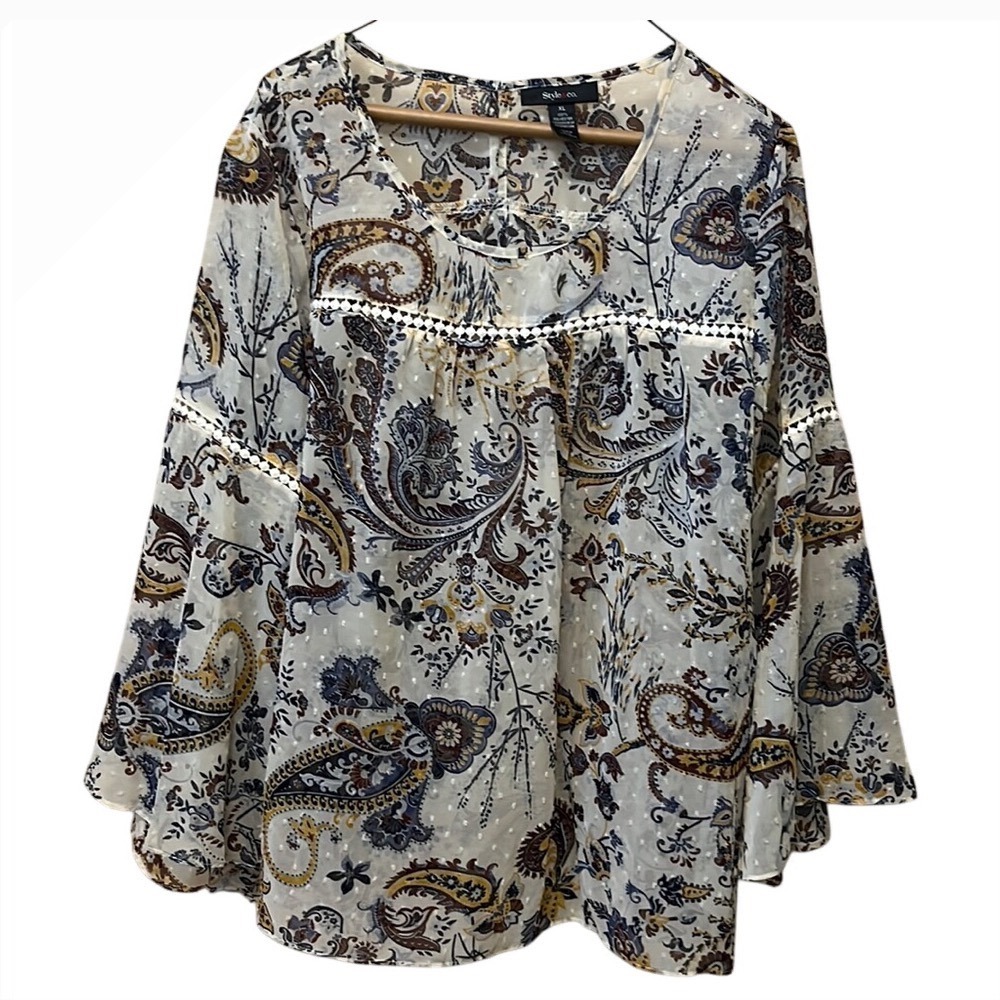 Style & Co Womens XL Paisley Bell Sleeve Blouse Crochet Trim Clip Dot Cream Boho